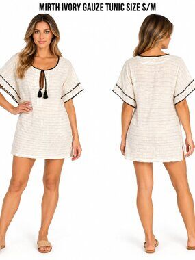 Mirth Ivory Gauze Tunic with Black Trim and Tassel Tie